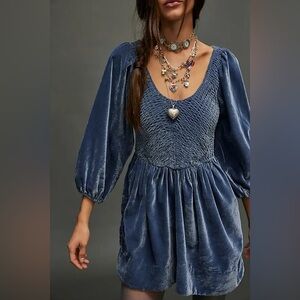 Free People Farrier Velvet Mini Dress Smocked Balloon Sleeve Harbor Blue Medium